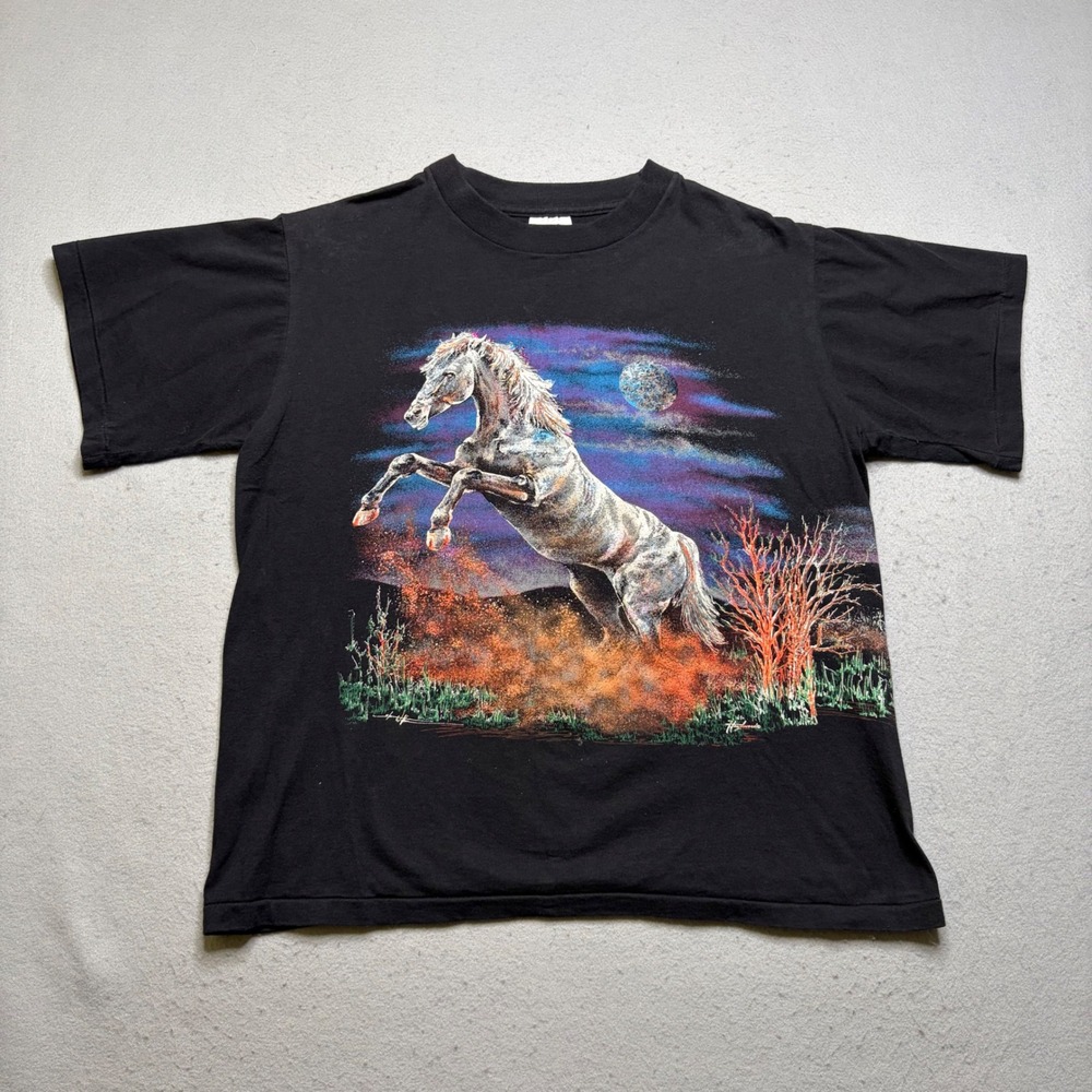 Hazelwoods T-Shirt Mens Medium Black Vintage 90s Horse Graphic Made in USA Heavy